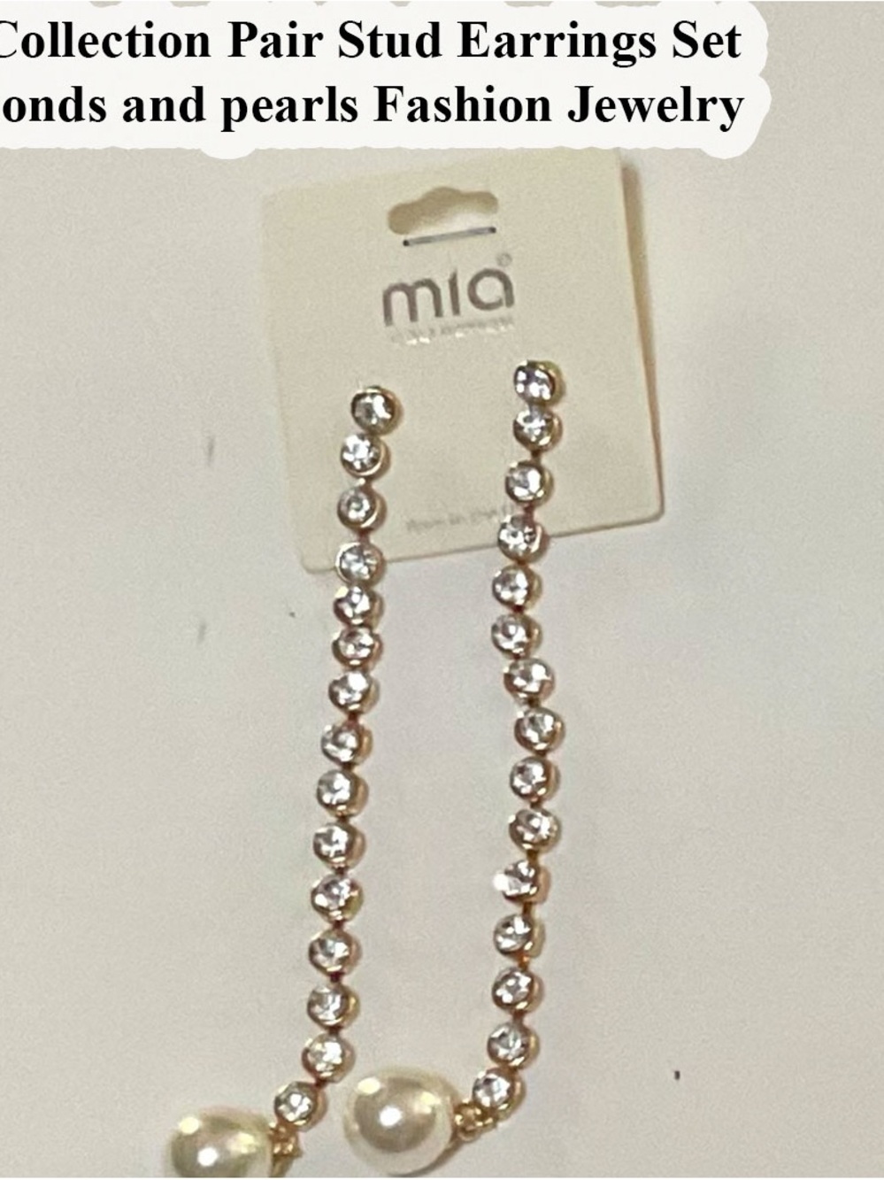 MIA Gold and Clear Crystal Linear Drop Pearl Stud Earrings